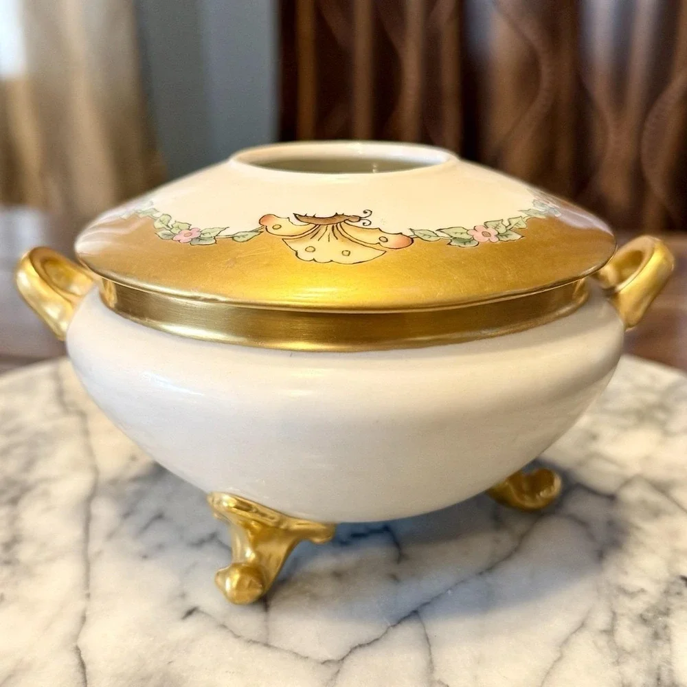 9pc VTG Antique Limoges France‎ Hand-Painted Gold Butterfly Vanity Set Dresser